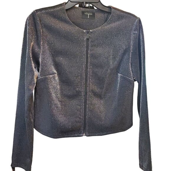 T Tahari Jackets & Blazers - NWT T Tahari Shimmer Gunmetal Black/Silver Shimmer Zip Front Jacket Party Sz S